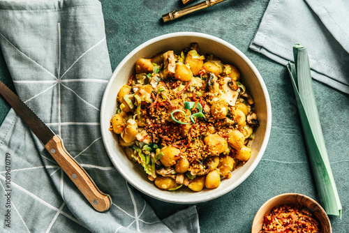 Italian rigatoni pasta with creamy pumpkin sauce, fresh spring onions and parmesan cheese, pumpkin noodle bowl, top iview photo