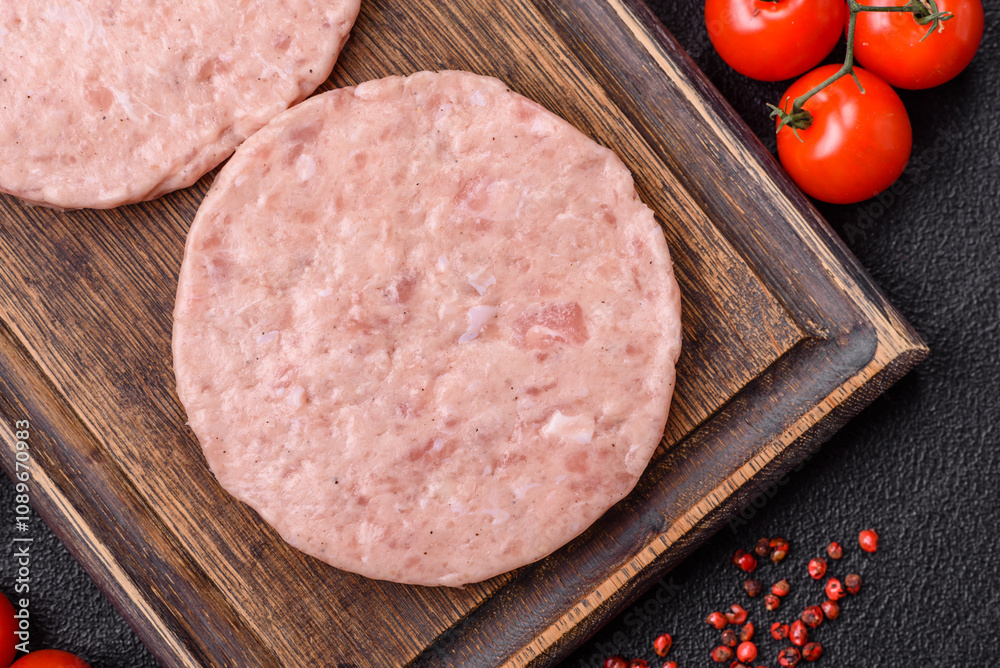 Raw chicken burger cutlet with salt, spices and herbs Raw chicken burger cutlet with salt, spices and herbs