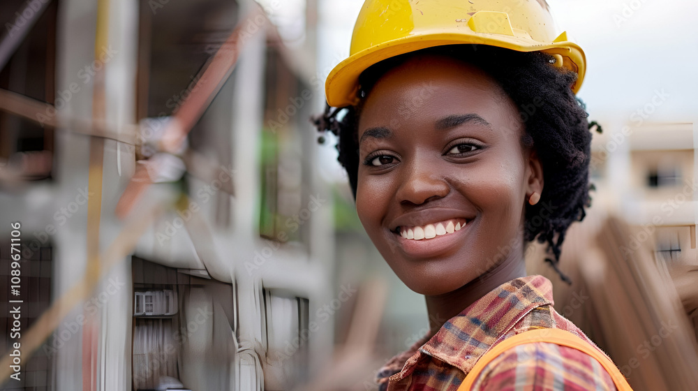 Smiling black african american female construction builder apprenticeship student, copy space Smiling black african american female construction builder apprenticeship student, copy space