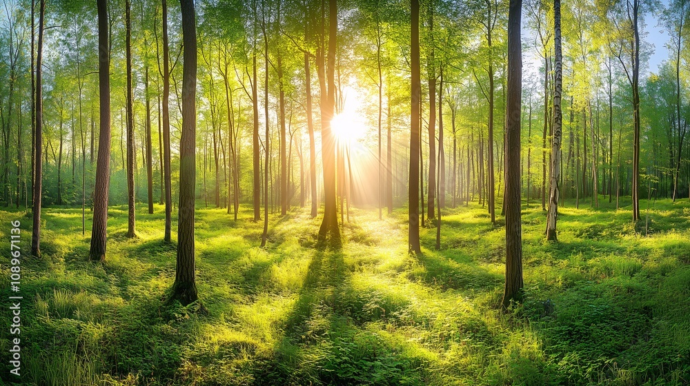Sun rays through above the tall tree forest in the morning. Concept of Nature, Freshness, Relaxing, Peaceful