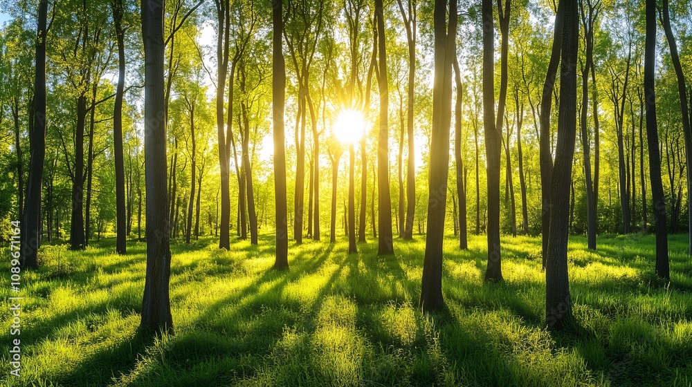 Sun rays through above the tall tree forest in the morning. Concept of Nature, Freshness, Relaxing, Peaceful Sun rays through above the tall tree forest in the morning. Concept of Nature, Freshness, Relaxing, Peaceful