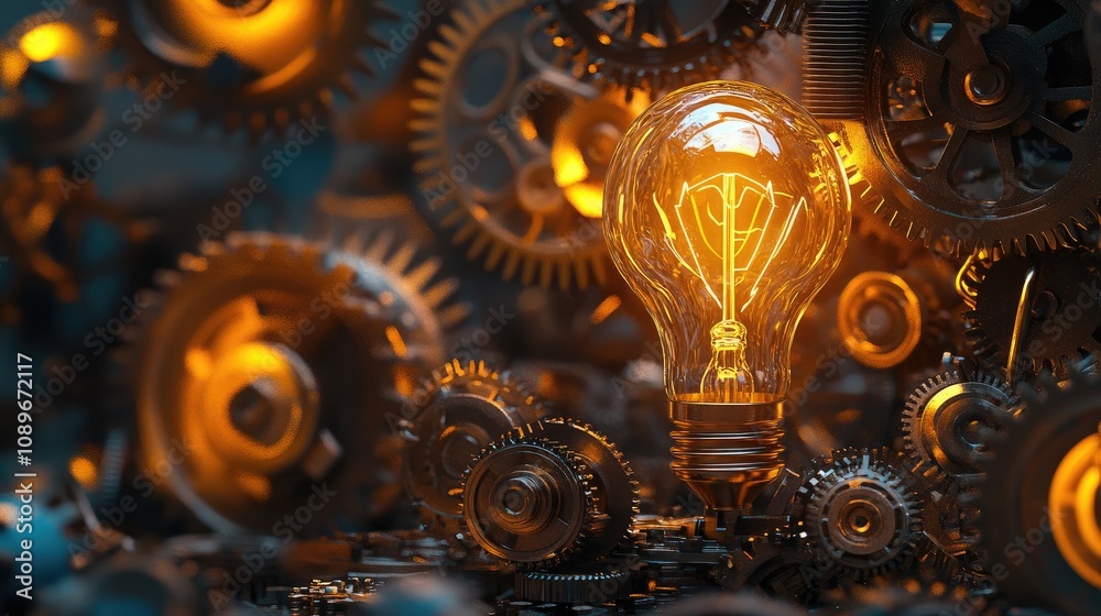 Glowing Light Bulb Surrounded by Intricate Metal Gears Representing Innovation, Ideas, and the Intersection of Technology and Creativity in Industrial Design Glowing Light Bulb Surrounded by Intricate Metal Gears Representing Innovation, Ideas, and the Intersection of Technology and Creativity in Industrial Design