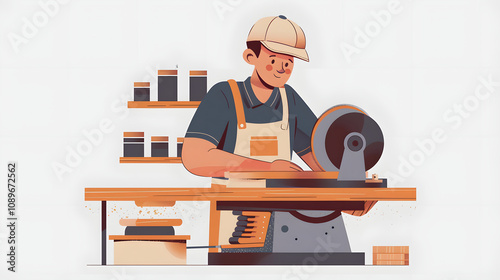 artisan sanding wooden object on disc sander in assembling shop. diy hobby enjoyer working in joinery, guiding wood against grinding machine rotating disc to create art isolated on white background, photo