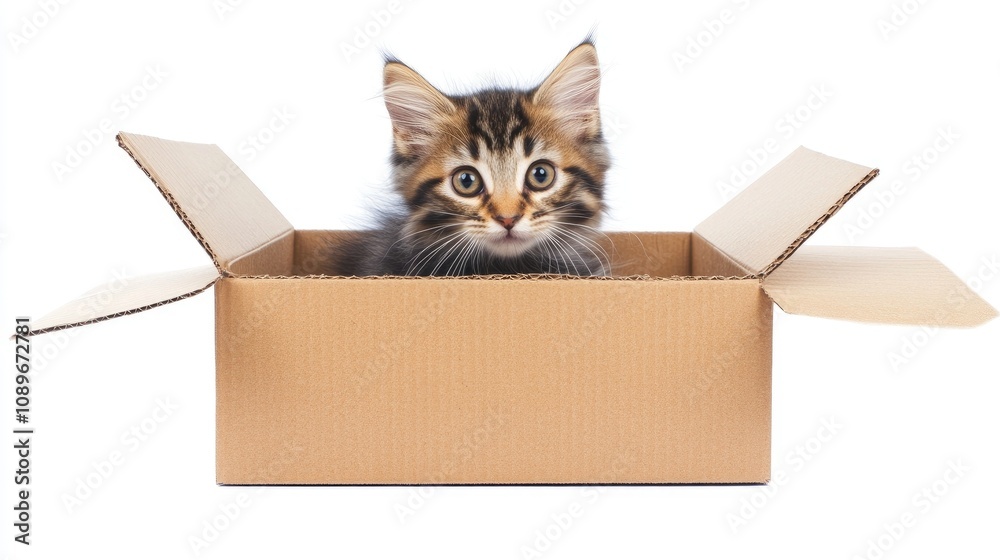 Fototapeta premium Adorable kitten with fluffy fur sitting inside an open cardboard box, showcasing its playful nature and curiosity, isolated on a white background for a clean look