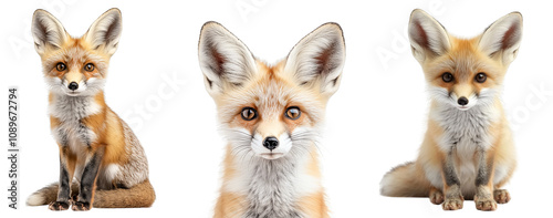 realistic cute fox animal illustrations three distinct poses transparent background