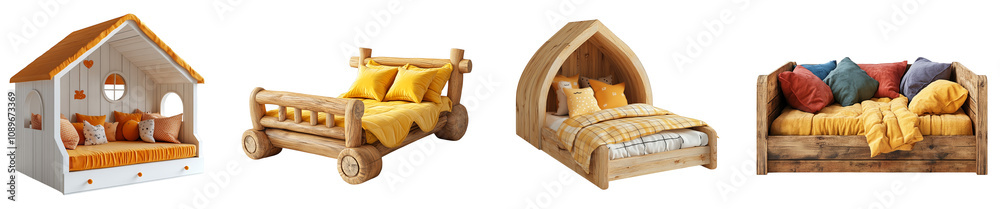 Obraz premium Colorful children's beds in playful designs showcasing cozy styles transparent background