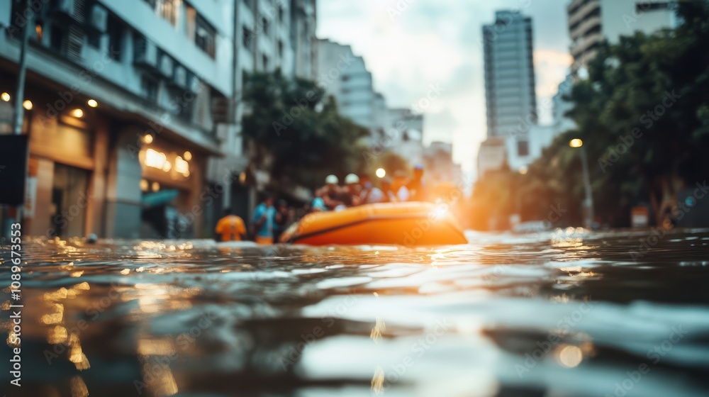 Rescue Team Navigating Flooded Neighborhood with Inflatable Boats. Emergency Response During Urban Flood Rescue Team Navigating Flooded Neighborhood with Inflatable Boats. Emergency Response During Urban Flood