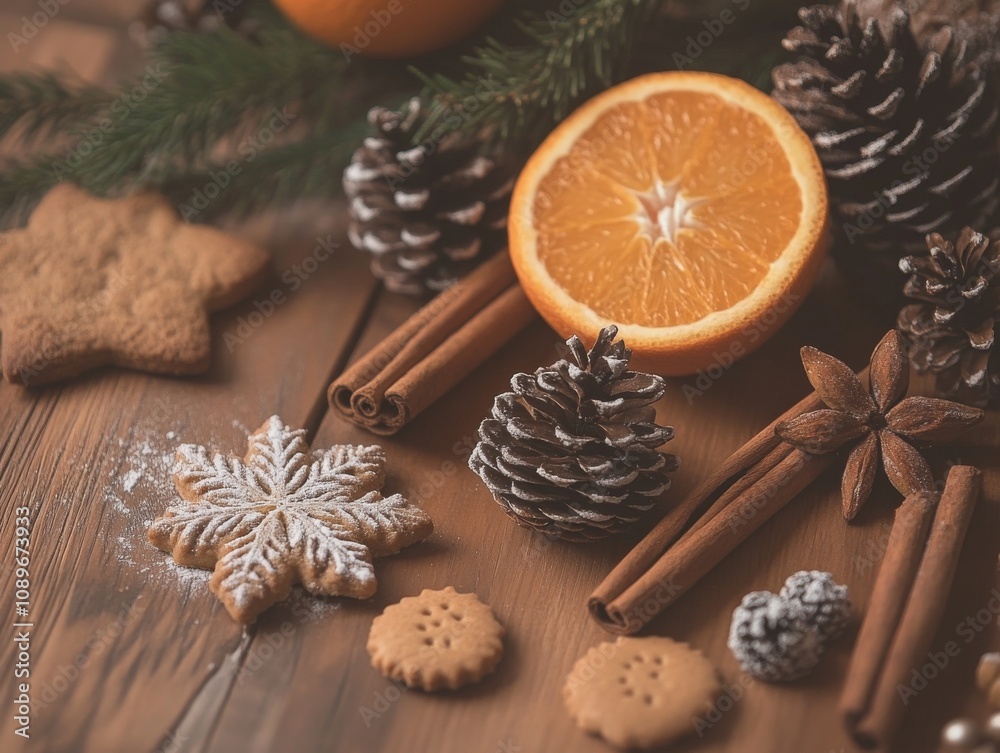 Festive Holiday Baking Scene with Spices, Oranges, and Cookies Festive Holiday Baking Scene with Spices, Oranges, and Cookies
