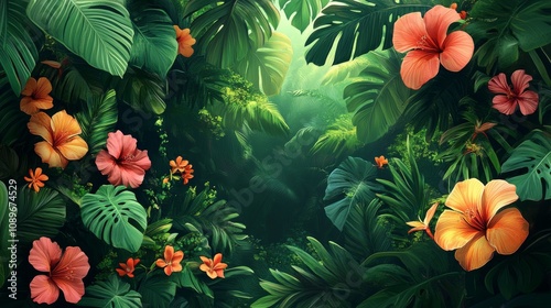 Lush Tropical Rainforest Scene With Vibrant Flowers