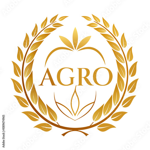 Baroque Style Gold 'Agro' Logo Ornamented with Laurel Wreath on White Background