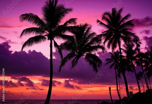stunning tropical palm tree silhouette highlighted vibrant sunset colors creating beautiful eye catching landscape scene, beach, sky, nature, backdrop