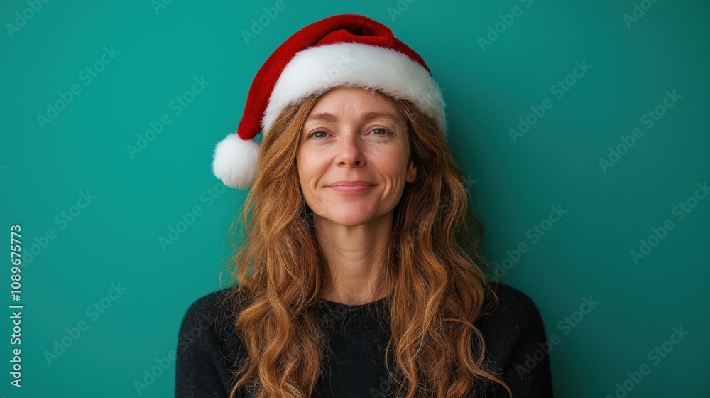 A cheerful woman with long hair smiling while wearing a Santa hat against a green background. A cheerful woman with long hair smiling while wearing a Santa hat against a green background.