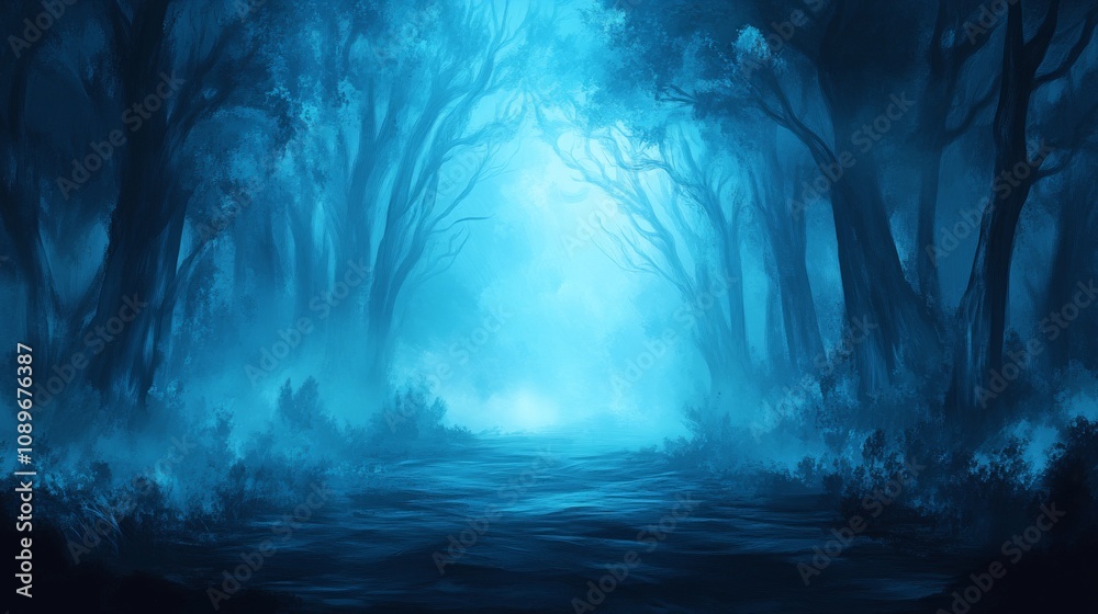 Fototapeta premium Mystical Blue Forest Path Enveloped In Fog