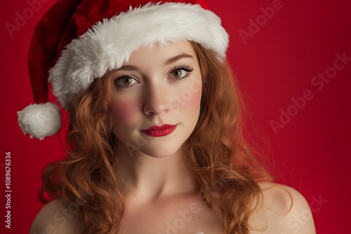 Alluring female Santa model, red and white costume, plain red background