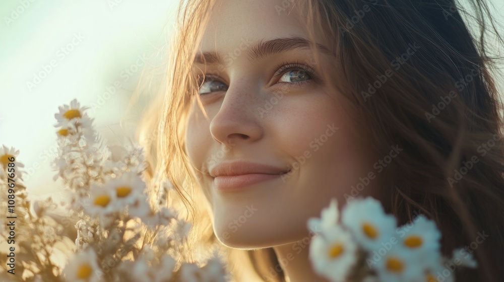 Fototapeta premium Young woman holding a blooming bouquet, her eyes full of joy, generative ai