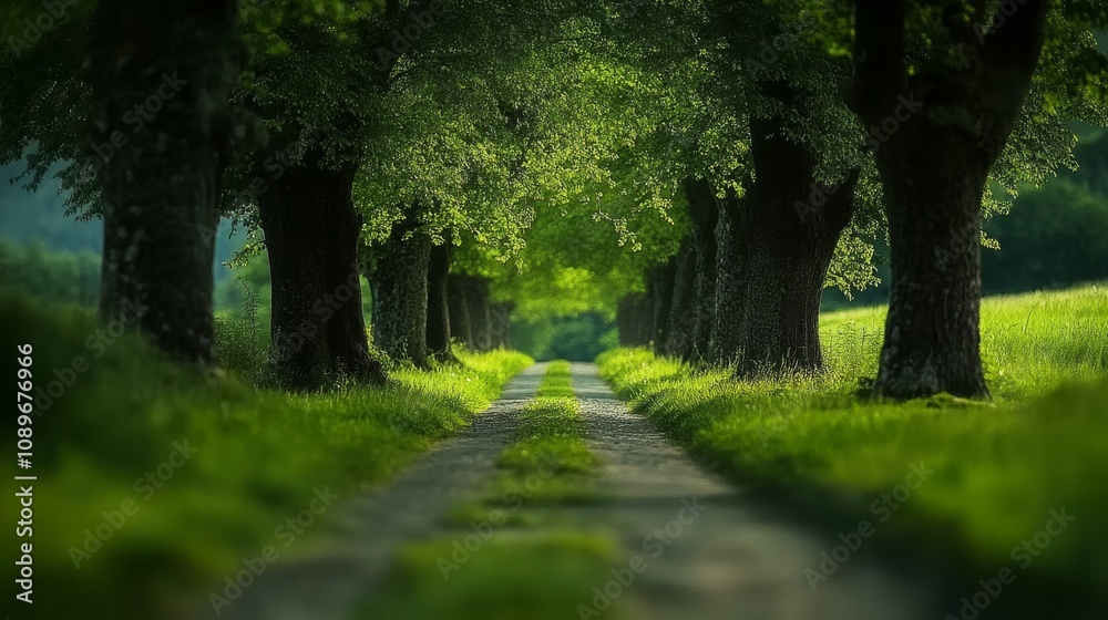 Fototapeta premium Serene Country Road Lined With Lush Green Trees