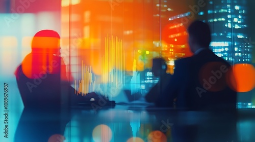 Blurred business strategy meeting with overlaid financial trend lines