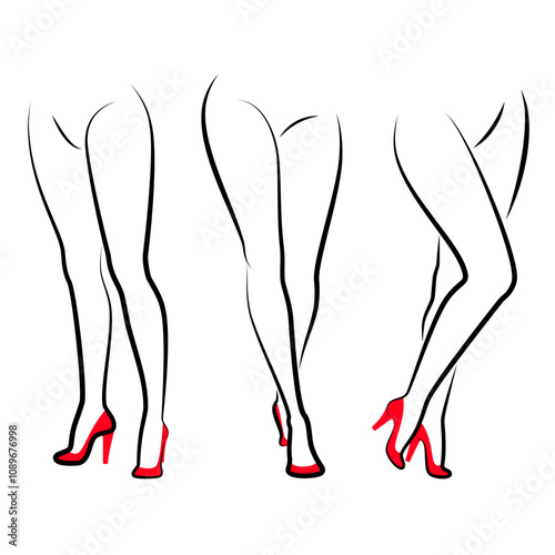 Collection. Silhouette of a beautiful female figure, legs in red shoes. Heeled shoes. The lady is standing. The girl is slim. Set of vector illustrations