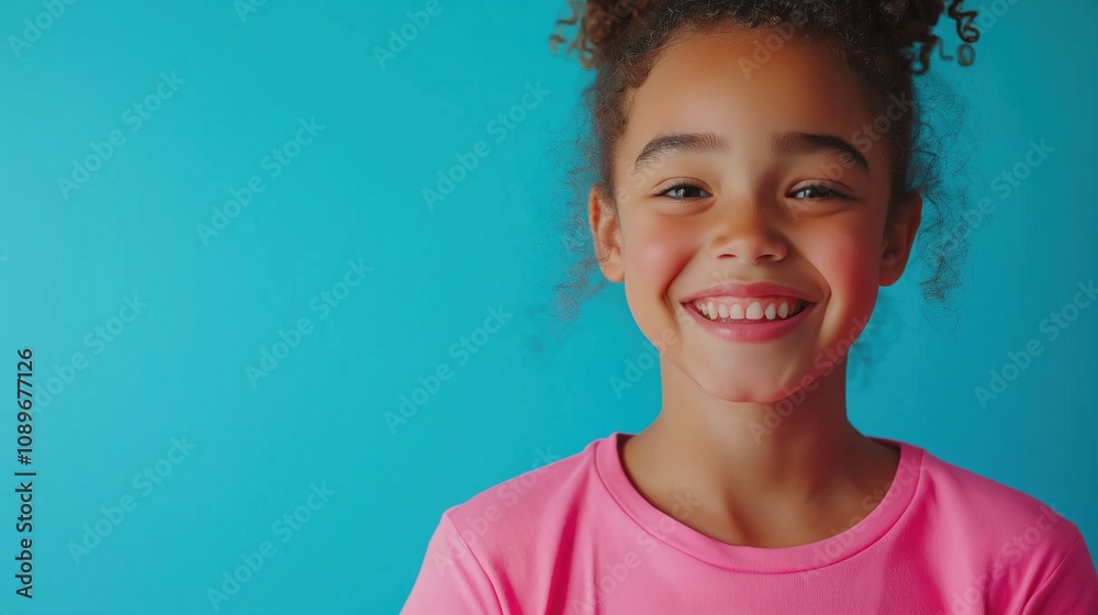 A cheerful young girl with curly hair smiling brightly in a pink t-shirt against a blue background. A cheerful young girl with curly hair smiling brightly in a pink t-shirt against a blue background.