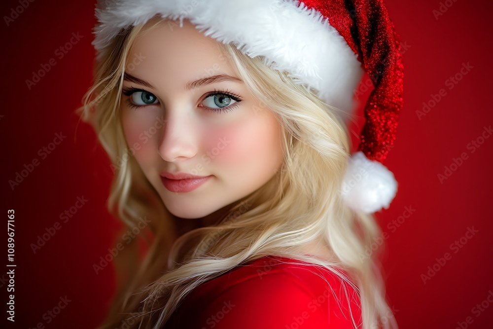 girl in Santa costume, close-up with plain warm red background girl in Santa costume, close-up with plain warm red background
