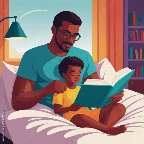 African American father reading a book to his son on a cozy bed