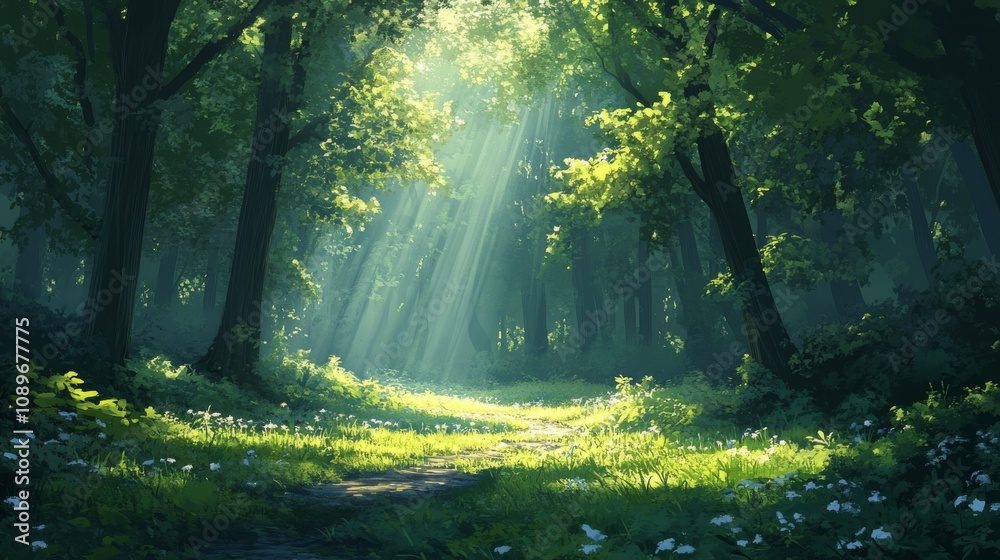 Fototapeta premium Sunlit Path Through A Lush Green Forest