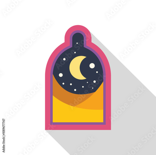 Colorful illustration featuring a crescent moon and stars visible through an arched window, evoking a sense of peaceful night