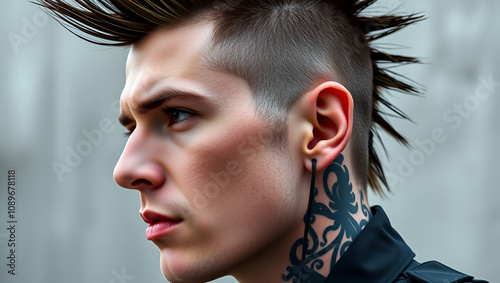 Profile face shot of a male punker with mohawk hairstyle photo