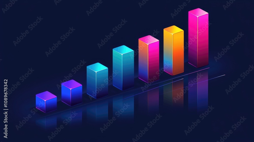 Colorful 3D Bar Graph Illustrating Growth and Success in Business with Vibrant Shades and Reflective Surface on a Dark Background Colorful 3D Bar Graph Illustrating Growth and Success in Business with Vibrant Shades and Reflective Surface on a Dark Background