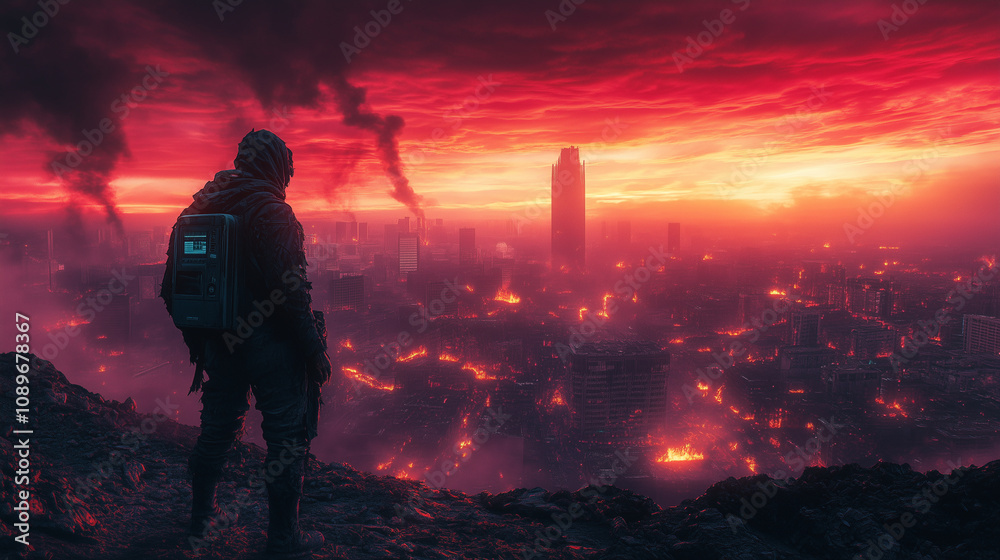 Fototapeta premium City in Ruins Under a Crimson Sky