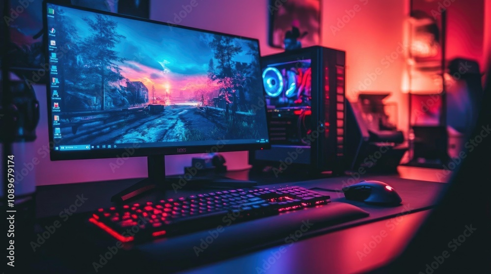 Modern gaming setup with powerful desktop computer featuring vibrant lighting and dynamic landscape wallpaper for an immersive gaming experience