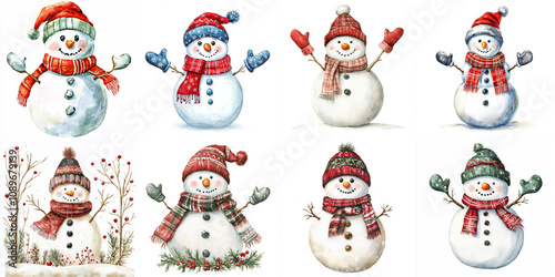 Charming Watercolor Snowmen in Winter Hats - Adorable watercolor snowmen, winter hats, festive scarves, joyful expressions, holiday cheer.