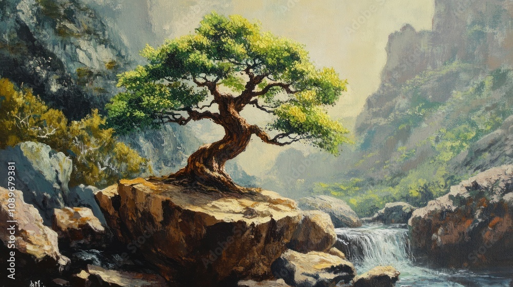 Tranquil Bonsai Tree on Mountain Waterfall Tranquil Bonsai Tree on Mountain Waterfall