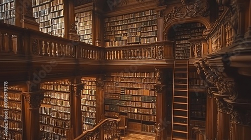 Grand, ornate library interior; bookshelves filled with antique books, wooden balconies, and ladder.