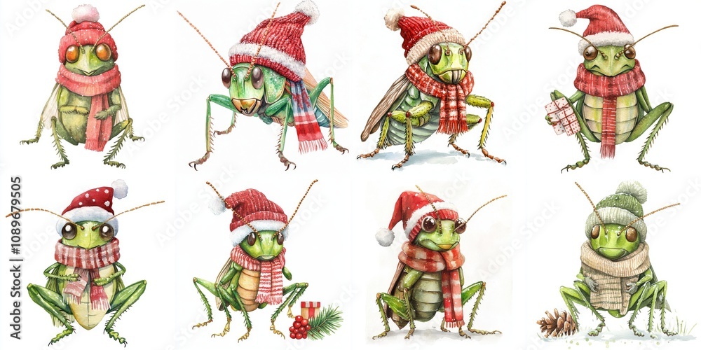 Fototapeta premium Festive Grasshoppers in Winter Wonderland - Adorable watercolor illustration of eight grasshoppers wearing winter hats and scarves, symbolizing holiday cheer, winter fashion, nature's charm, whimsical
