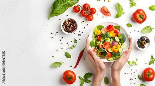 female hands making fresh vegetable salad, preparing meal at home with white shades, cinematic, png photo