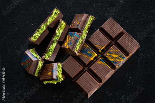 Photography Dubai Chocolate bar with kadayif and pistachio nuts