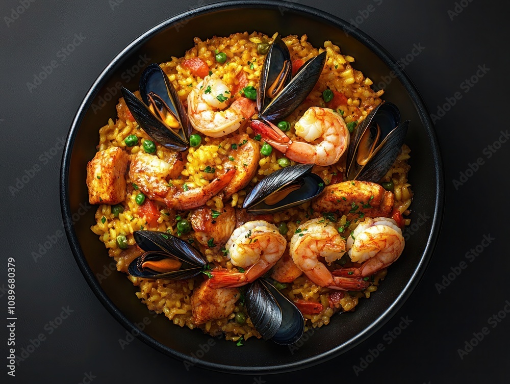 Spanish paella, saffron rice with seafood, isolated on white background, traditional Spanish dish, vibrant colors, simple presentation. Created by AI. Spanish paella, saffron rice with seafood, isolated on white background, traditional Spanish dish, vibrant colors, simple presentation. Created by AI.