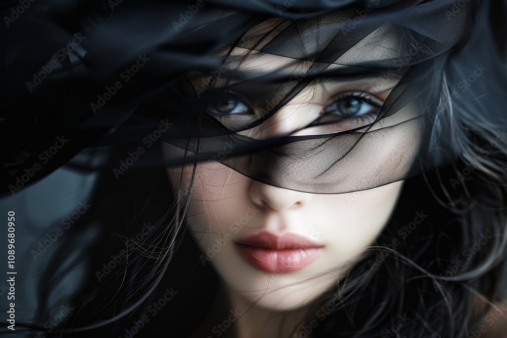 Fototapeta premium A close-up portrait of a woman with flowing hair partially obscured by a sheer black fabric in soft light