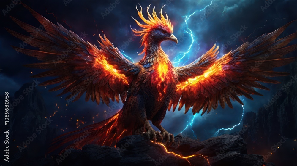 A fiery phoenix with outstretched wings stands on a rocky outcrop against a backdrop of a stormy sky, lightning streaks across the sky behind it. A fiery phoenix with outstretched wings stands on a rocky outcrop against a backdrop of a stormy sky, lightning streaks across the sky behind it.