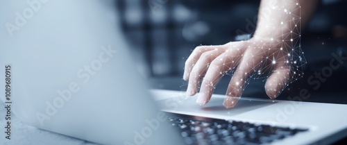close up on robot hand working on laptop to checking correct data by using RPA function software program to help proof and detect and synchronize to system for future technology of business concept