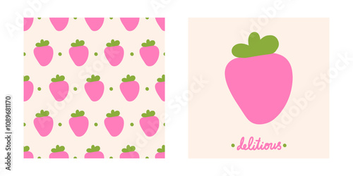 Cute cartoon strawberry vector print and seamless pattern. Colorful hand-drawn elements, perfect for summer fashion, wallpaper, and textile decoration.