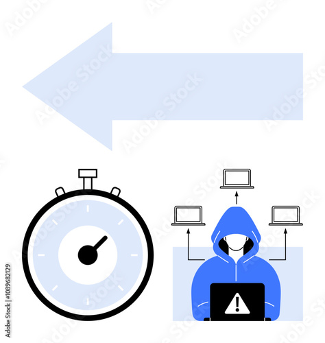 Blue arrow stopwatch hacker in blue hoodie with laptop and four connected computers. Ideal for cybersecurity, hacking, digital threats, time management, urgency, IT security, cybercrime. Line photo