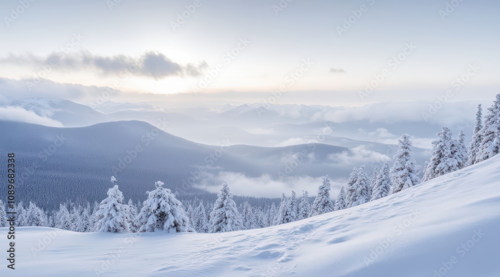 Peaceful snowy landscape at sunrise Peaceful snowy landscape at sunrise