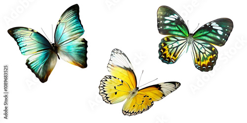 set of beautiful blue green yellow butterfly isolated on white background.AI GENERATED photo