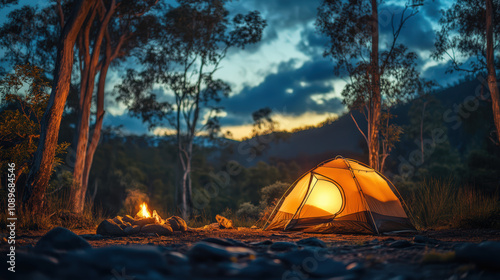 A small tent is set up in a forest with a fire burning nearby