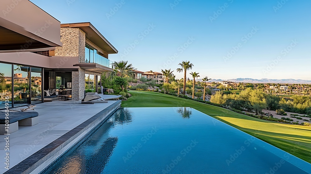 Fototapeta premium Modern luxury home with infinity pool overlooking a scenic golf course and desert landscape.