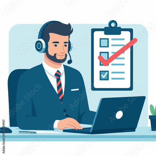 Flat illustration of operator of call center agent or customer service working in headphone and mic sitting at desk with laptop computer checklist and checkmark on a white background