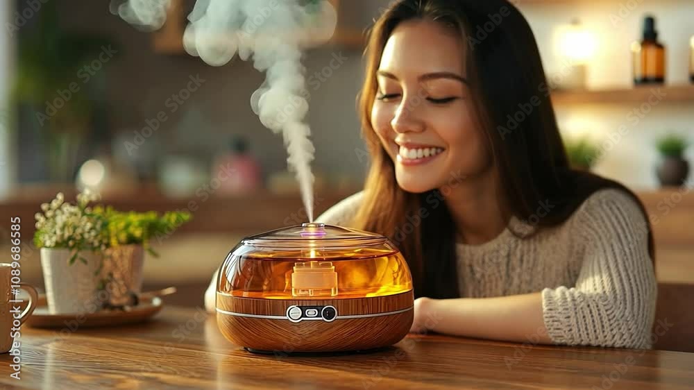 A woman enjoys aromatherapy with a diffuser in a cozy, well-lit living room during the evening