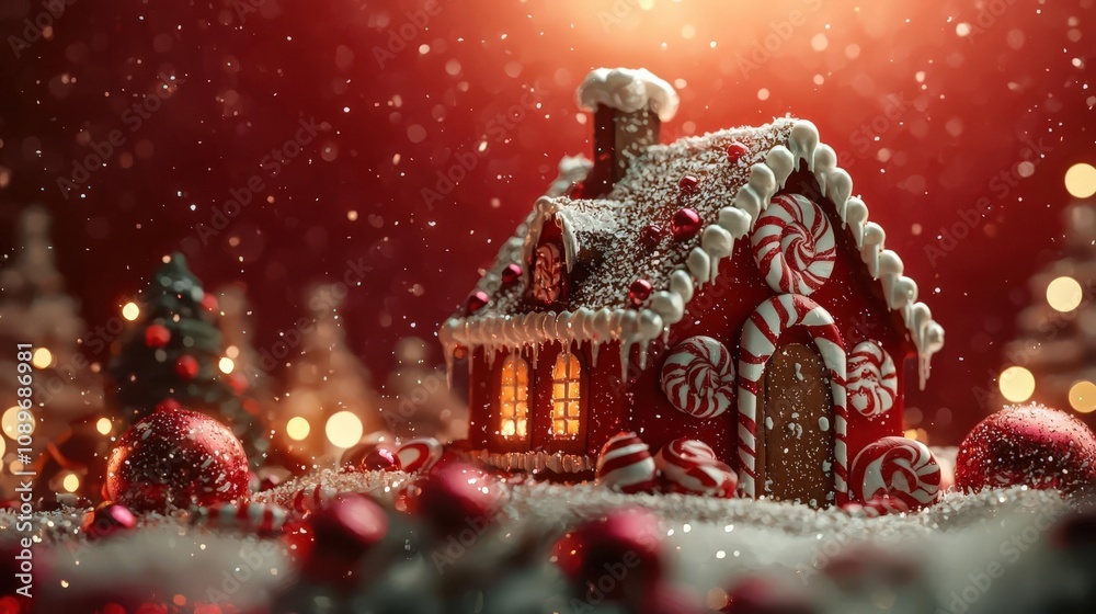 Obraz premium Realistic Animation of A gingerbread house with candy decorations, red background, 8k, anime, 3d, fantasy, ultra hd, very detail,